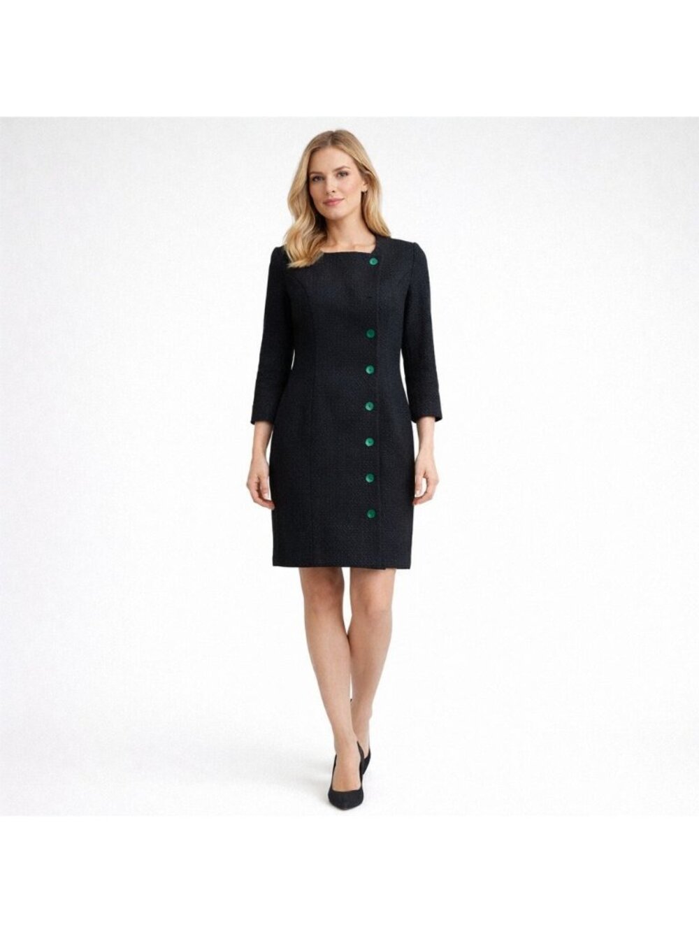 Tuckernuck Pomander Place Black Shift Dress XS Tweed Green Buttons B1249 Classic